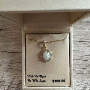 NWT Elegant Gold Opal Pendant Necklace with White Sapphire Accent